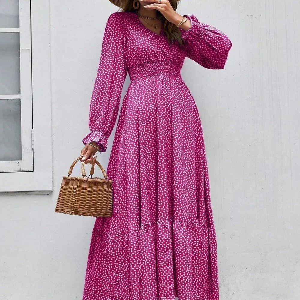 Pink Boho Womens Ditsy Floral Print Flounce Sleeve Shirred Dress - Picture 4 of 5